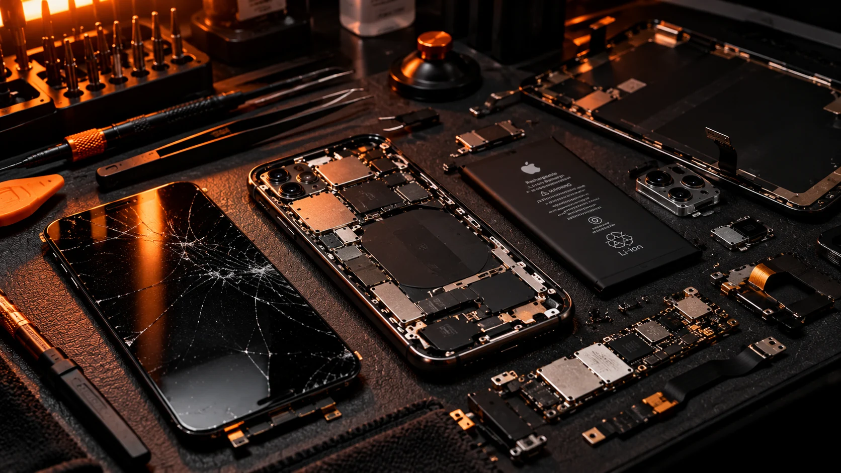 Tela trincada, bateria e componentes de um celular dispostos sobre uma bancada