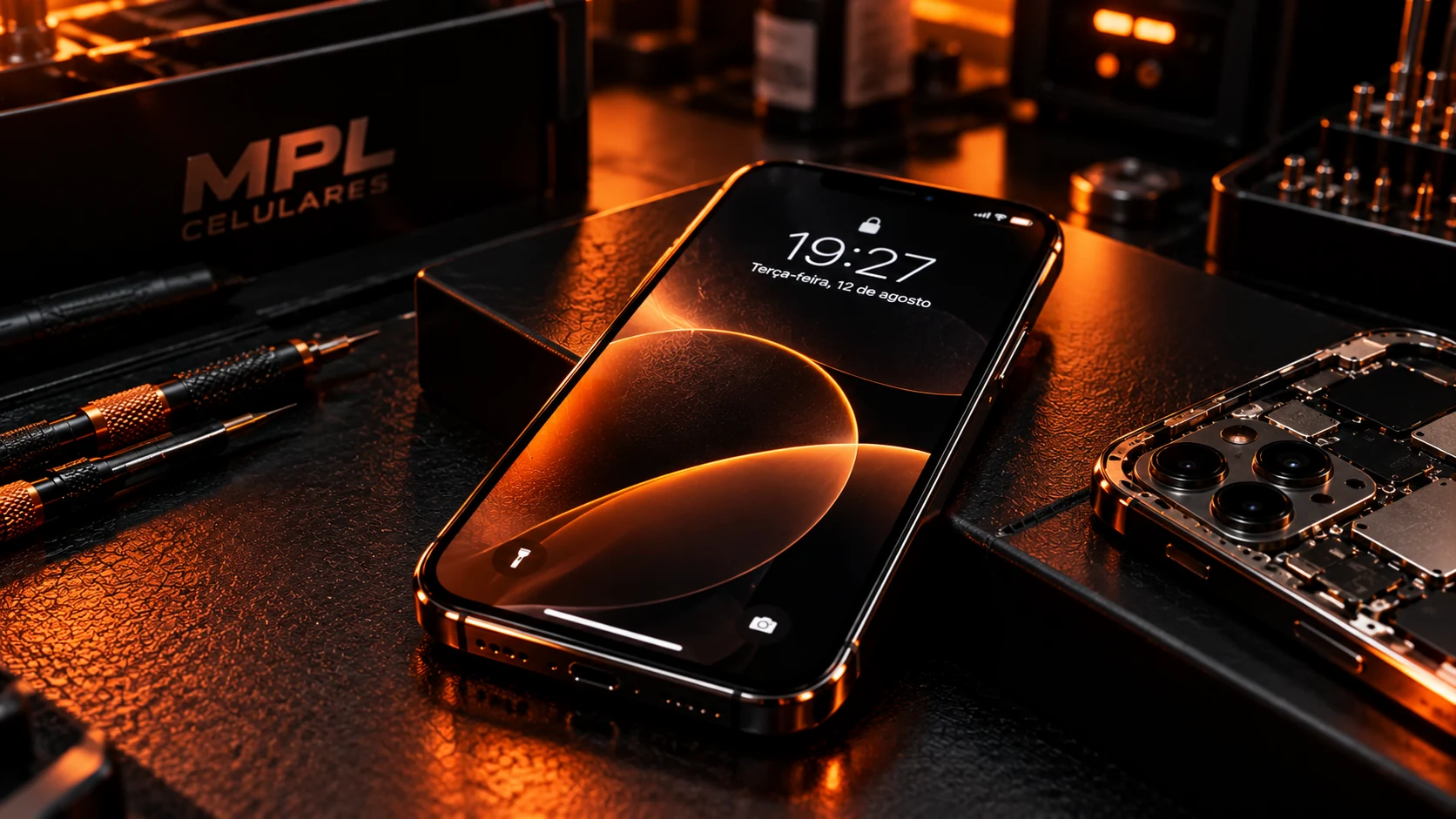 Celular com a tela acesa sobre a bancada, ao lado de ferramentas e da identificação MPL Celulares
