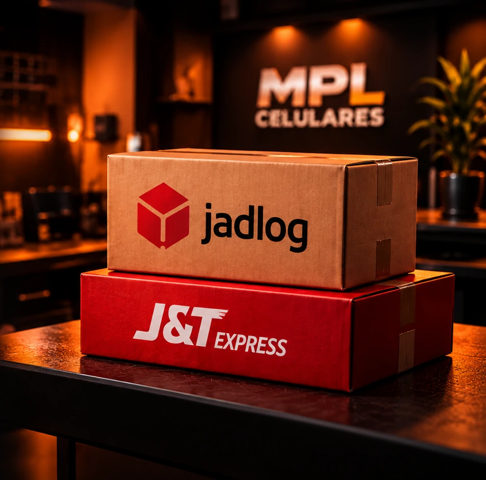 Caixas da Jadlog e da J&T Express sobre a bancada da MPL, com iluminação alaranjada